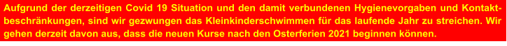 Aufgrund der derzeitigen Covid 19 Situation und den damit verbundenen Hygienevorgaben und Kontakt-beschränkungen, sind wir gezwungen das Kleinkinderschwimmen für das laufende Jahr zu streichen. Wir gehen derzeit davon aus, dass die neuen Kurse nach den Osterferien 2021 beginnen können.