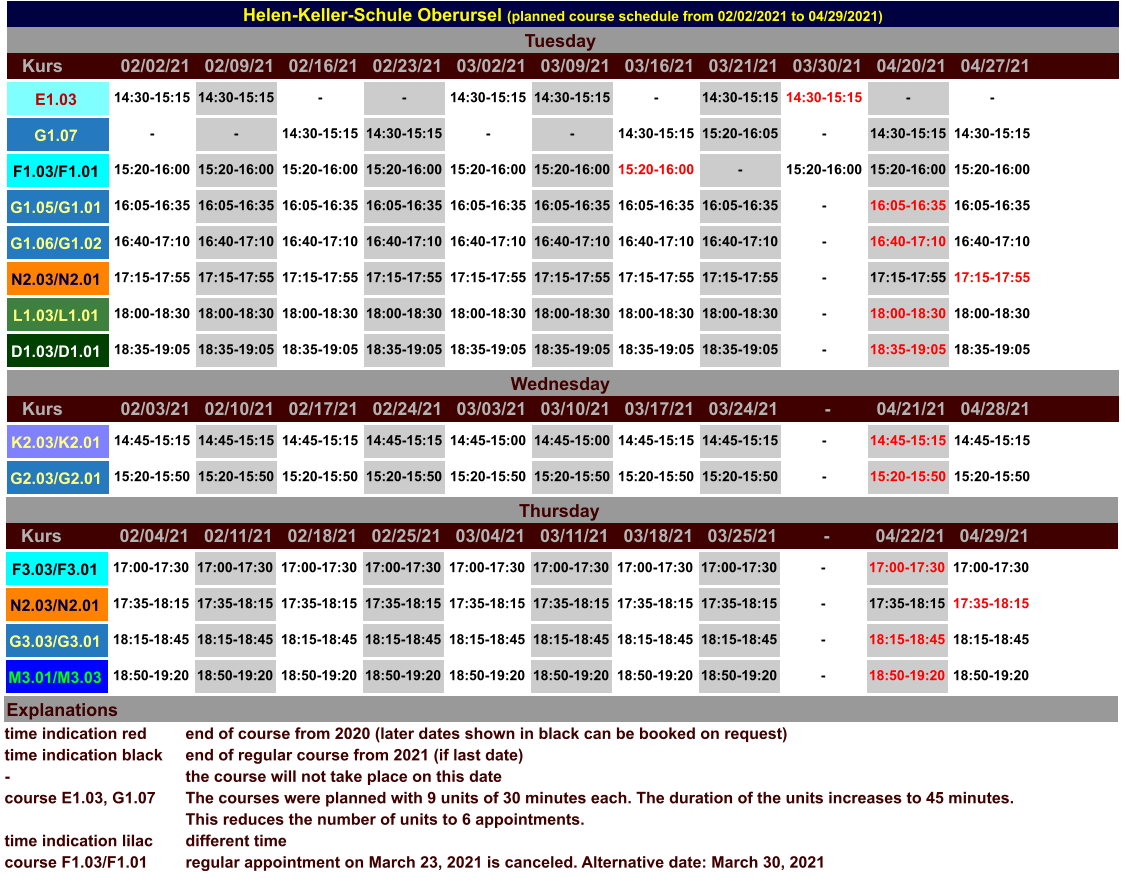 18:00-18:30 Thursday Kurs 02/04/21 02/11/21 02/18/21 02/25/21 03/04/21 03/11/21 03/18/21 03/25/21 - 04/22/21 04/29/21 Helen-Keller-Schule Oberursel (planned course schedule from 02/02/2021 to 04/29/2021) Tuesday Kurs 02/02/21 02/09/21 02/16/21 02/23/21 03/02/21 03/09/21 03/16/21 03/21/21 03/30/21 04/20/21 04/27/21 E1.03 14:30-15:15 14:30-15:15 - - 14:30-15:15 14:30-15:15 - 14:30-15:15 14:30-15:15 - - G1.07 - - 14:30-15:15 14:30-15:15 - - 14:30-15:15 15:20-16:05 - 14:30-15:15 14:30-15:15 F1.03/F1.01 15:20-16:00 15:20-16:00 15:20-16:00 15:20-16:00 15:20-16:00 15:20-16:00 15:20-16:00 - 15:20-16:00 15:20-16:00 15:20-16:00 G1.05/G1.01 16:05-16:35 16:05-16:35 16:05-16:35 16:05-16:35 16:05-16:35 16:05-16:35 16:05-16:35 16:05-16:35 - 16:05-16:35 16:05-16:35 G1.06/G1.02 16:40-17:10 16:40-17:10 16:40-17:10 16:40-17:10 16:40-17:10 16:40-17:10 16:40-17:10 16:40-17:10 - 16:40-17:10 16:40-17:10 N2.03/N2.01 17:15-17:55 17:15-17:55 17:15-17:55 17:15-17:55 17:15-17:55 17:15-17:55 17:15-17:55 17:15-17:55 - 17:15-17:55 17:15-17:55 L1.03/L1.01 18:00-18:30 18:00-18:30 18:00-18:30 18:00-18:30 18:00-18:30 18:00-18:30 18:00-18:30 18:00-18:30 - 18:00-18:30 D1.03/D1.01 18:35-19:05 18:35-19:05 18:35-19:05 18:35-19:05 18:35-19:05 18:35-19:05 18:35-19:05 18:35-19:05 - 18:35-19:05 18:35-19:05 Wednesday Kurs 02/03/21 02/10/21 02/17/21 02/24/21 03/03/21 03/10/21 03/17/21 03/24/21 - 04/21/21 04/28/21 K2.03/K2.01 14:45-15:15 14:45-15:15 14:45-15:15 14:45-15:15 14:45-15:00 14:45-15:00 14:45-15:15 14:45-15:15 - 14:45-15:15 14:45-15:15 G2.03/G2.01 15:20-15:50 15:20-15:50 15:20-15:50 15:20-15:50 15:20-15:50 15:20-15:50 15:20-15:50 15:20-15:50 - 15:20-15:50 15:20-15:50 F3.03/F3.01 17:00-17:30 17:00-17:30 17:00-17:30 17:00-17:30 17:00-17:30 17:00-17:30 17:00-17:30 17:00-17:30 - 17:00-17:30 17:00-17:30 Explanations time indication red time indication black - course E1.03, G1.07  time indication lilac course F1.03/F1.01 end of course from 2020 (later dates shown in black can be booked on request) end of regular course from 2021 (if last date) the course will not take place on this date The courses were planned with 9 units of 30 minutes each. The duration of the units increases to 45 minutes.  This reduces the number of units to 6 appointments. different time regular appointment on March 23, 2021 is canceled. Alternative date: March 30, 2021 N2.03/N2.01 17:35-18:15 17:35-18:15 17:35-18:15 17:35-18:15 17:35-18:15 17:35-18:15 17:35-18:15 17:35-18:15 - 17:35-18:15 17:35-18:15 G3.03/G3.01 18:15-18:45 18:15-18:45 18:15-18:45 18:15-18:45 18:15-18:45 18:15-18:45 18:15-18:45 18:15-18:45 - 18:15-18:45 18:15-18:45 M3.01/M3.03 18:50-19:20 18:50-19:20 18:50-19:20 18:50-19:20 18:50-19:20 18:50-19:20 18:50-19:20 18:50-19:20 - 18:50-19:20 18:50-19:20