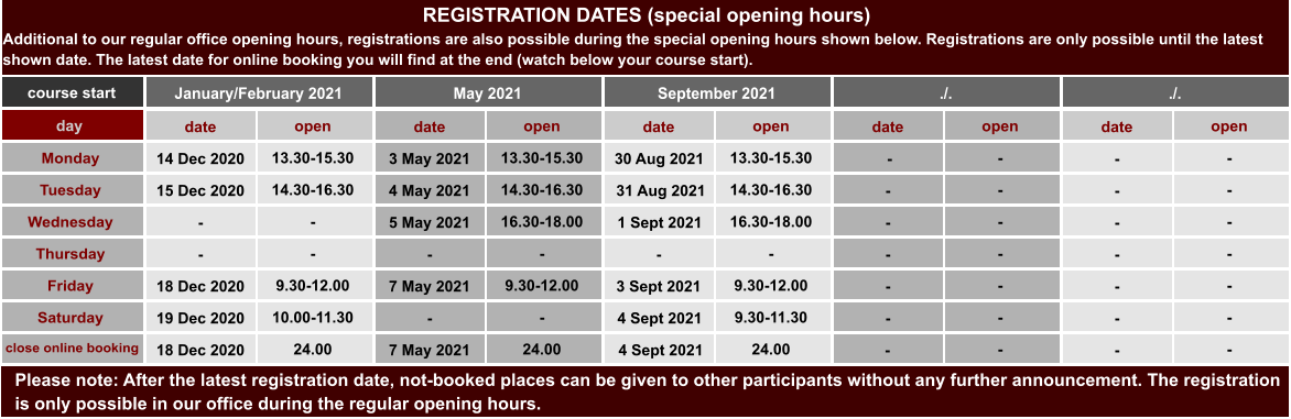 REGISTRATION DATES (special opening hours) Additional to our regular office opening hours, registrations are also possible during the special opening hours shown below. Registrations are only possible until the latest shown date. The latest date for online booking you will find at the end (watch below your course start). January/February 2021 day 14 Dec 2020 13.30-15.30 3 May 2021 13.30-15.30 30 Aug 2021 13.30-15.30 - - - - Monday May 2021 September 2021 ./. ./. date open date open date open date open date open 15 Dec 2020 14.30-16.30 4 May 2021 14.30-16.30 31 Aug 2021 14.30-16.30 - - - - Tuesday - - 5 May 2021 16.30-18.00 1 Sept 2021 16.30-18.00 - - - - Wednesday - - - - - - - - - - Thursday 18 Dec 2020 9.30-12.00 7 May 2021 9.30-12.00 3 Sept 2021 9.30-12.00 - - - - Friday 19 Dec 2020 10.00-11.30 - - 4 Sept 2021 9.30-11.30 - - - - Saturday 18 Dec 2020 24.00 7 May 2021 24.00 4 Sept 2021 24.00 - - - - close online booking Please note: After the latest registration date, not-booked places can be given to other participants without any further announcement. The registration is only possible in our office during the regular opening hours.  course start