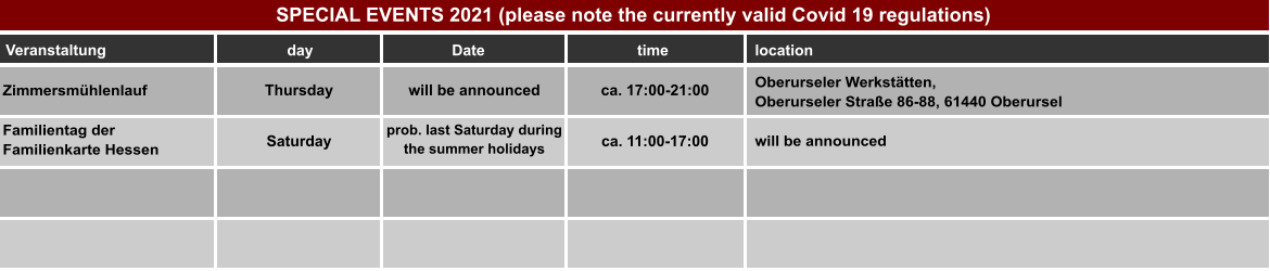 SPECIAL EVENTS 2021 (please note the currently valid Covid 19 regulations) day Date time location Zimmersmühlenlauf Thursday will be announced ca. 17:00-21:00 Oberurseler Werkstätten, Oberurseler Straße 86-88, 61440 Oberursel Familientag der Familienkarte Hessen Saturday prob. last Saturday during the summer holidays will be announced           Veranstaltung ca. 11:00-17:00